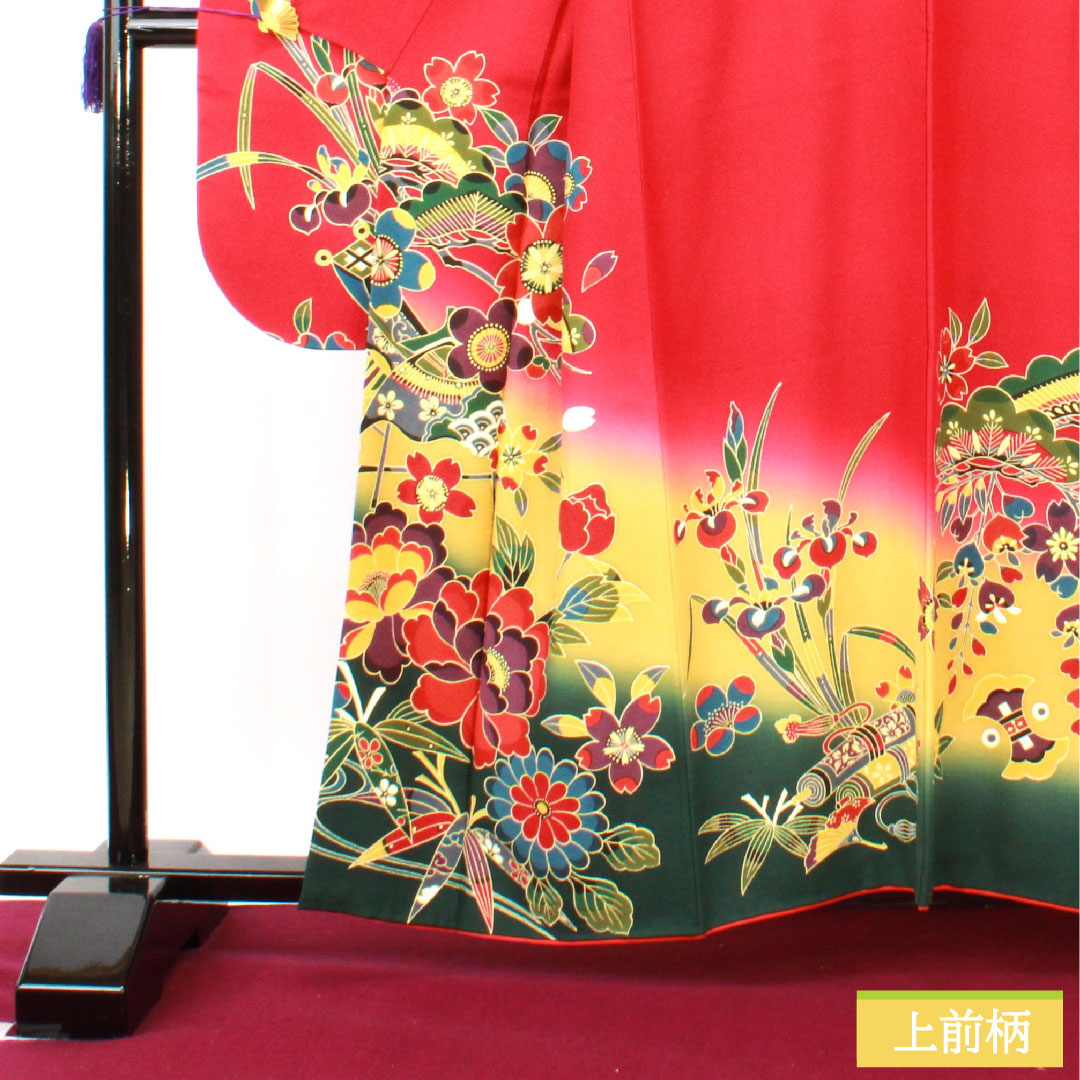 Furisode, pure silk, length 159.5cm, sleeve length 65.5cm, lined, crimson, Kyoto Bingata, auspicious motif, Scotchgard, S rank, red, 1113002122312