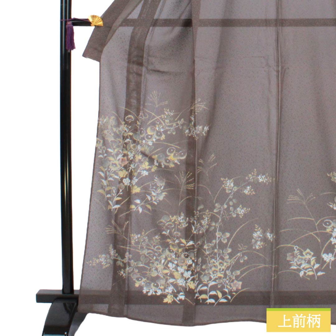 夏物 正絹 訪問着 Bランク 身丈165.5cm 裄丈65cm 都鼠色（みやこねずいろ） 京友禅 タタキ染 秋草 絽 茶系 1132005104514
