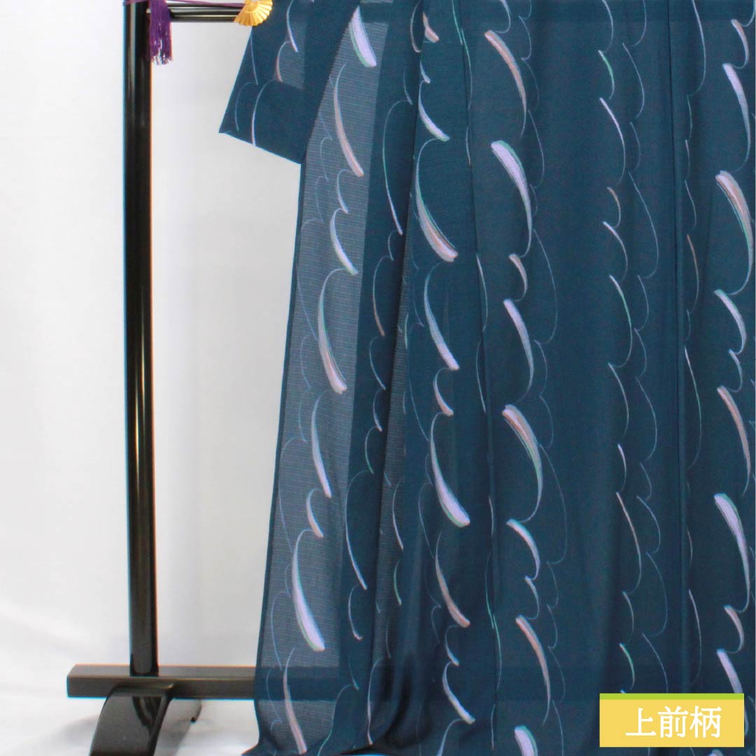 夏物 ポリエステル 小紋 身丈168cm 裄丈66cm 紺鉄色（こんてついろ） 抽象模様 洗える着物 絽 Aランク 紺系 1132002643518