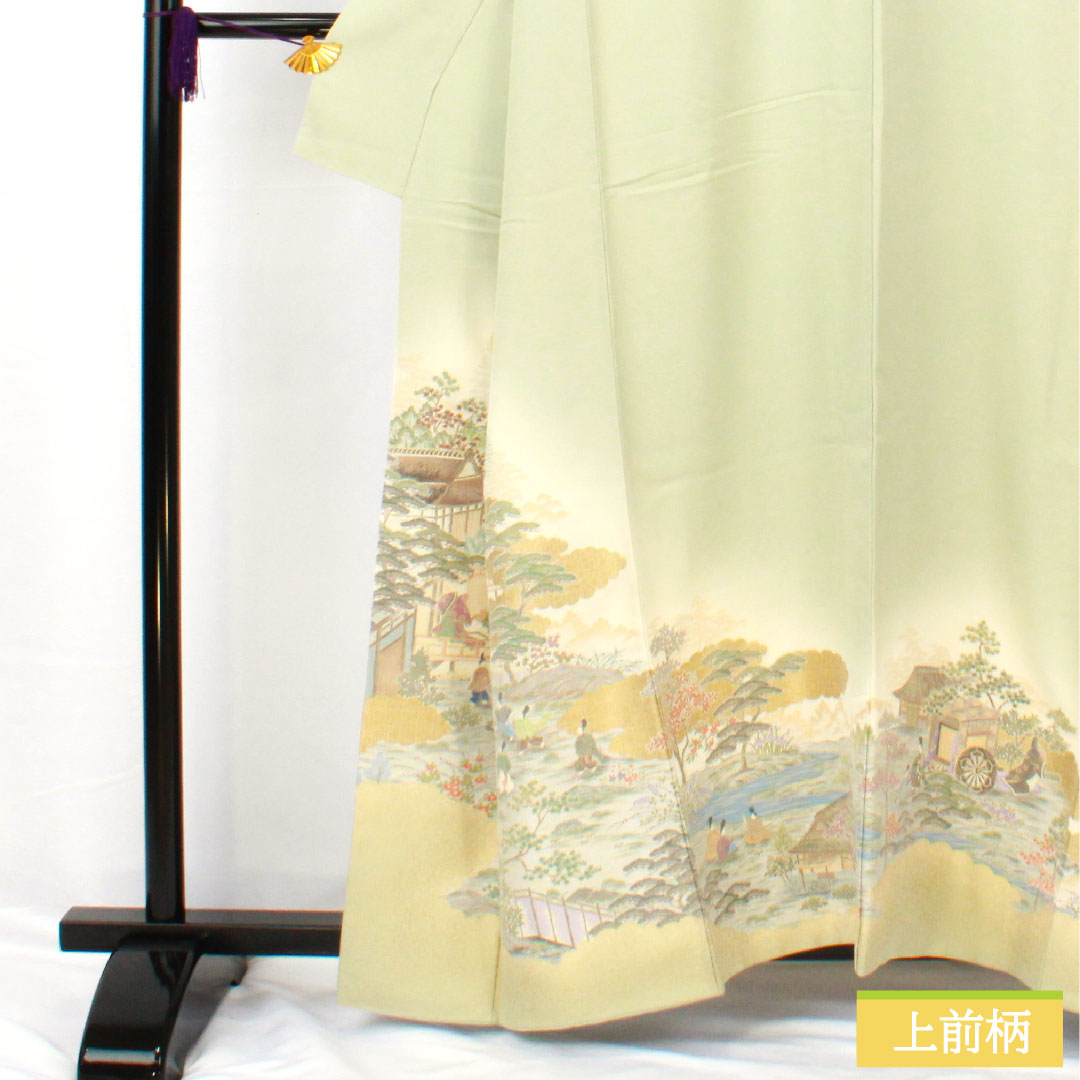 色留袖 正絹 身丈159cm 裄丈63cm 袷 薄緑色（うすみどりいろ） 寿光織 風景模様 一つ紋 Sランク 緑系 1111001702319