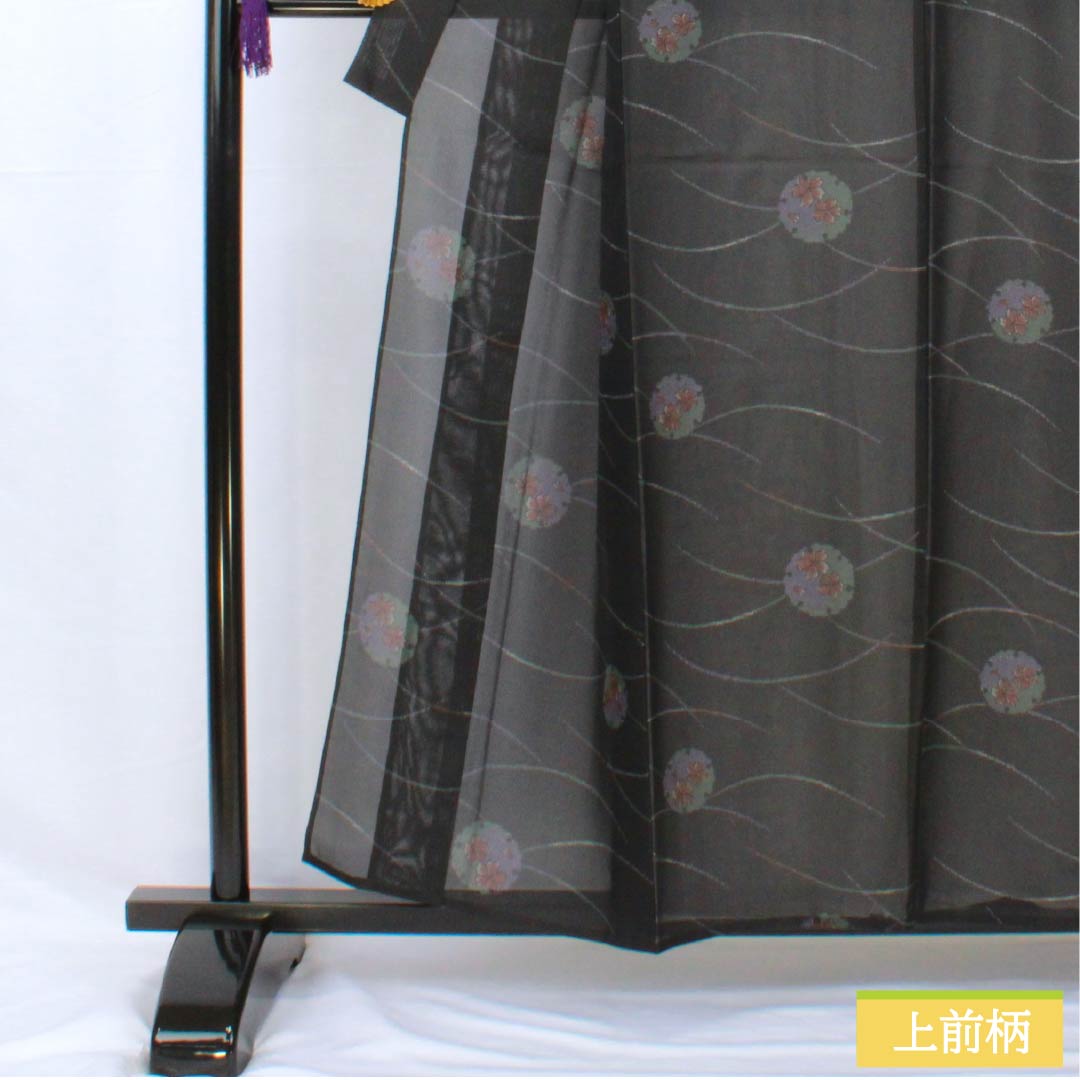 夏物 ポリエステル 小紋 身丈156cm 裄丈65cm 雪輪 露芝 洗える着物 紗 Sランク 黒系 1132001912310