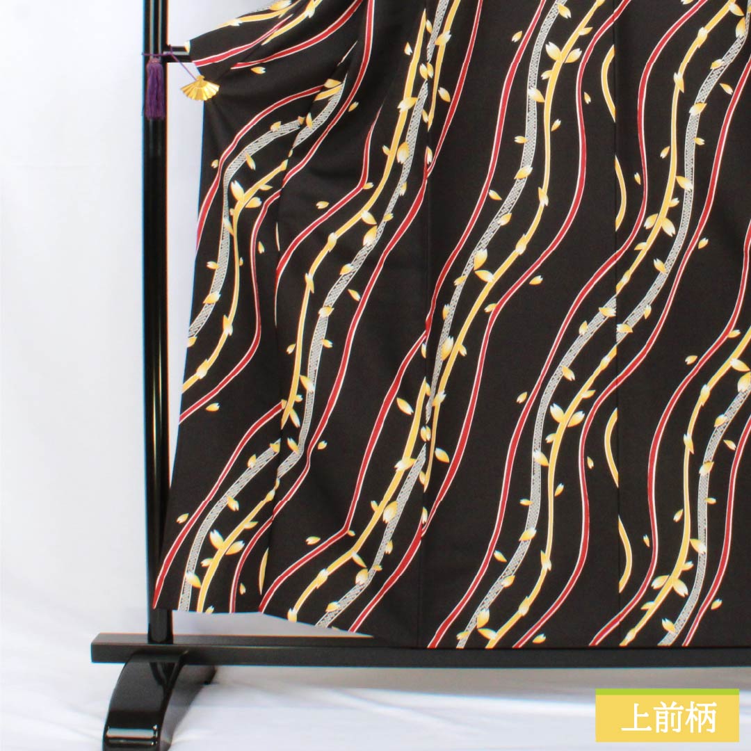 小紋 ポリエステル Sランク 身丈157.5cm 裄丈65.5cm 単衣 型染 曲線 花びら 洗える着物 黒系 1115007812310