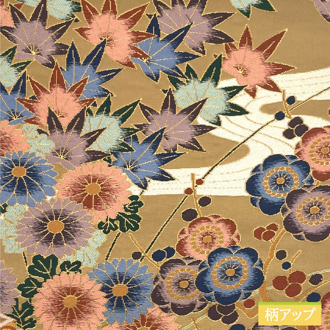 袋帯 正絹 Sランク 山吹鼠色（やまぶきねずいろ） 白綾苑大庭 古典柄 紅葉 杜若 帯丈434cm 六通 フォーマル ベージュ系 1123015072325