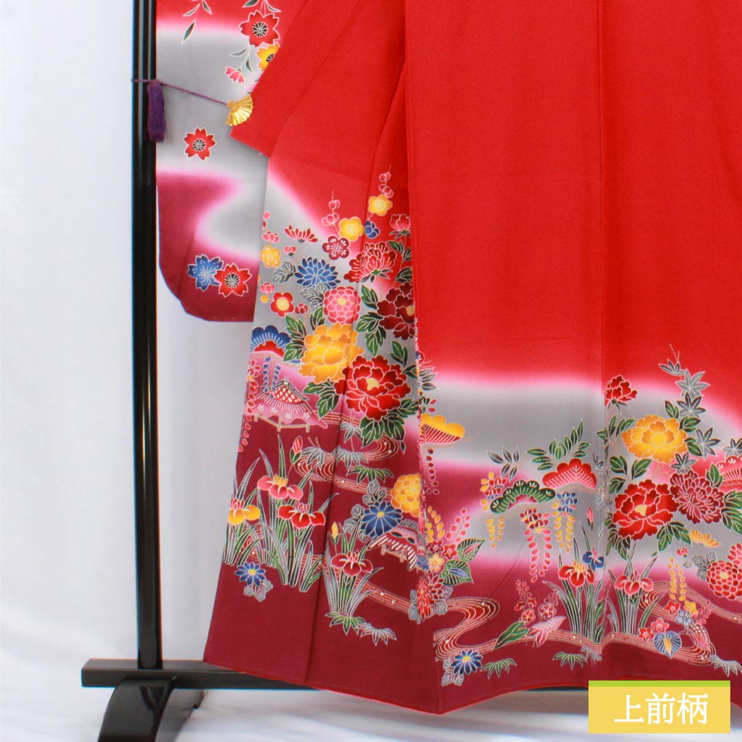振袖 正絹 Sランク 身丈157.5cm 裄丈65.5cm 袷 紅赤色（べにあかいろ） 京紅型 吉祥文様 松 桜 赤系 1113002312312