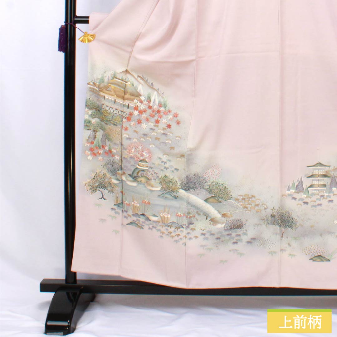 色留袖 正絹 Aランク 身丈157.5cm 裄丈62cm 袷 桜色（さくらいろ） 一つ紋 下り藤 京友禅 風景模様 作家物 しつけ糸付き 一つ紋 ピンク系 1111002003313