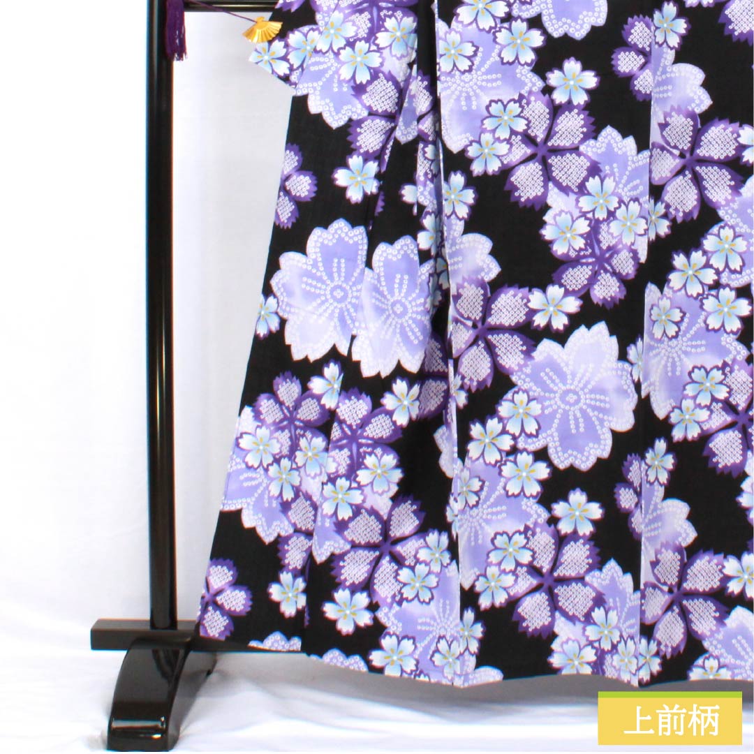 浴衣 木綿 身丈159cm 裄丈66cm Sランク 単衣 黒系 秋桜 1118005232310