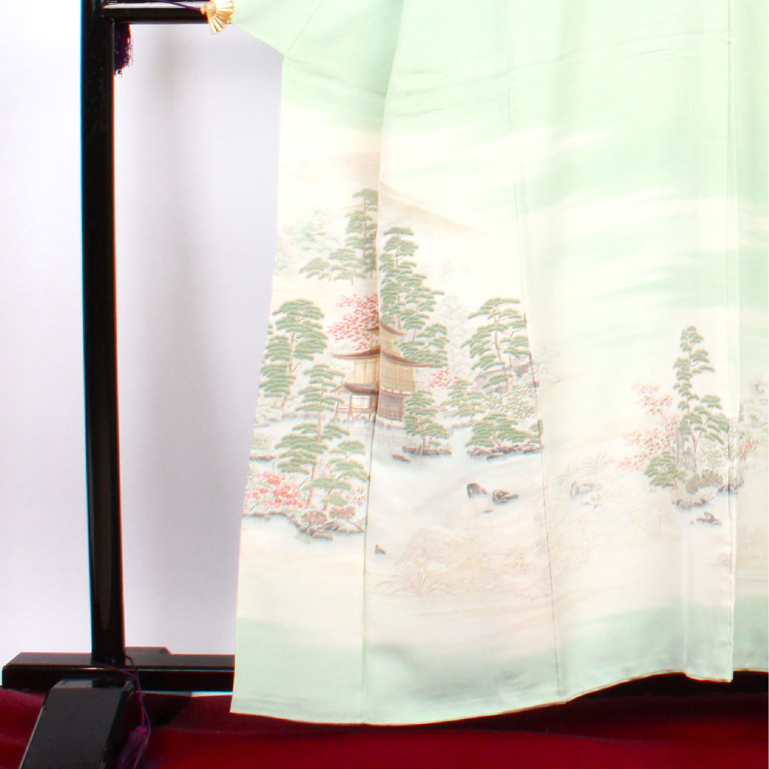 色留袖 身丈161.5cm 裄丈63cm 袷 錆青磁色 寿光織 風景模様 抱き茗荷 正絹 Bランク 三つ紋 緑系 1111000454419