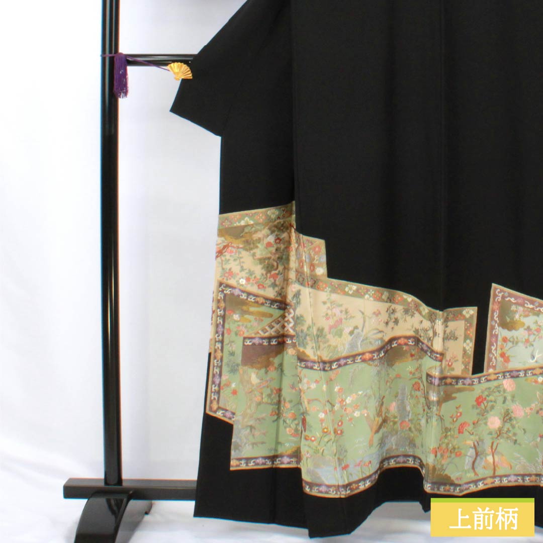黒留袖 正絹 Sランク 身丈158cm 裄丈65.5cm 袷 蘇州刺繍 五つ紋 木瓜 吉祥文様 雉 松 梅 五つ紋 黒系 1111001782310