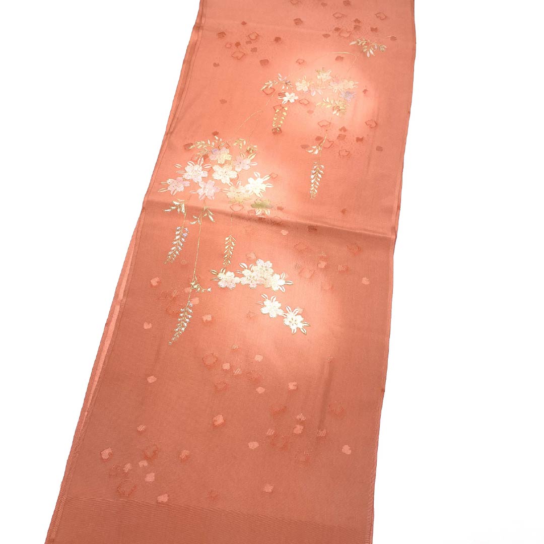 帯揚げ 正絹 Sランク セミフォーマル 洗朱色（あらいしゅいろ） 桜 長さ約183cm 幅約30.5cm ピンク系 1136002392913