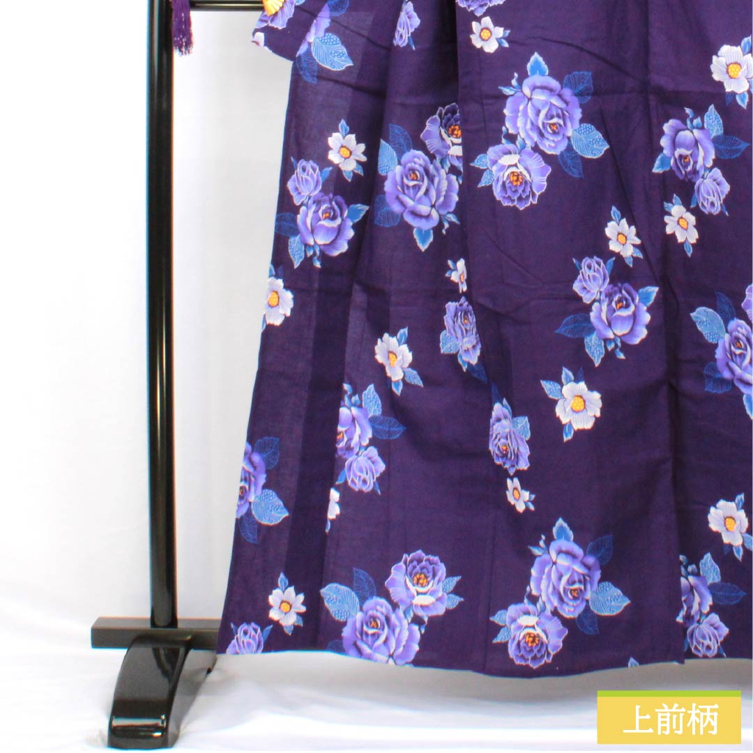 浴衣 木綿 身丈160.5cm 裄丈62cm Sランク 単衣 紫系 紫紺色（しこんいろ） 薔薇 1118005342420