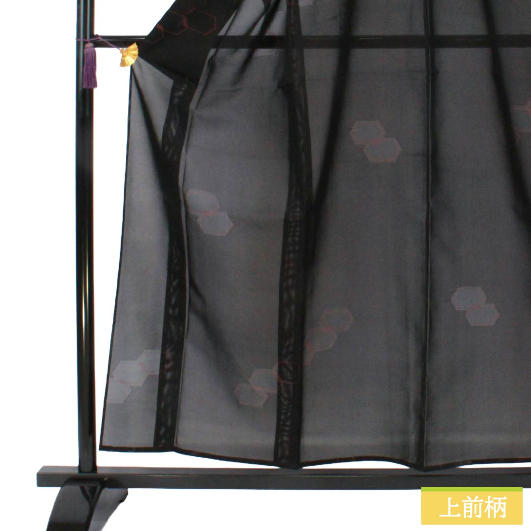 夏物 正絹 お召 Bランク 身丈157cm 裄丈65.5cm 幾何学模様 紗 黒系 1132006444310