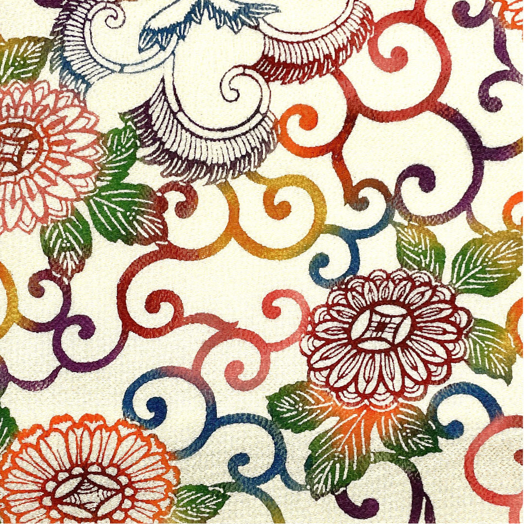 作り帯 型染 染め帯 唐花模様 帯丈100cm 正絹 Aランク 六通 カジュアル 白系 1124002173311