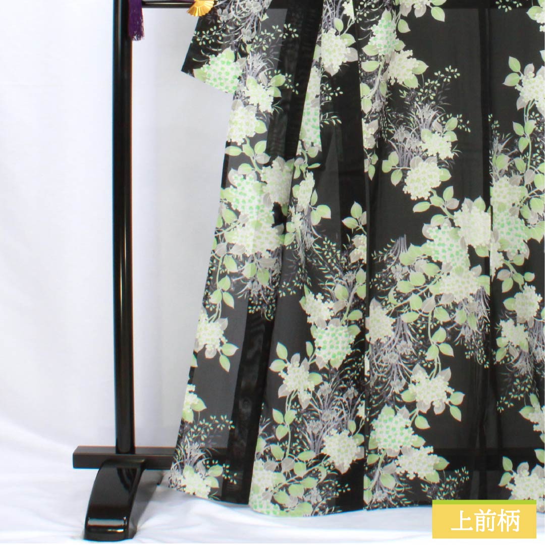 夏物 ポリエステル 小紋 身丈167cm 裄丈63.5cm 紫陽花 菖蒲 洗える着物 絽 Aランク 黒系 1132002283510