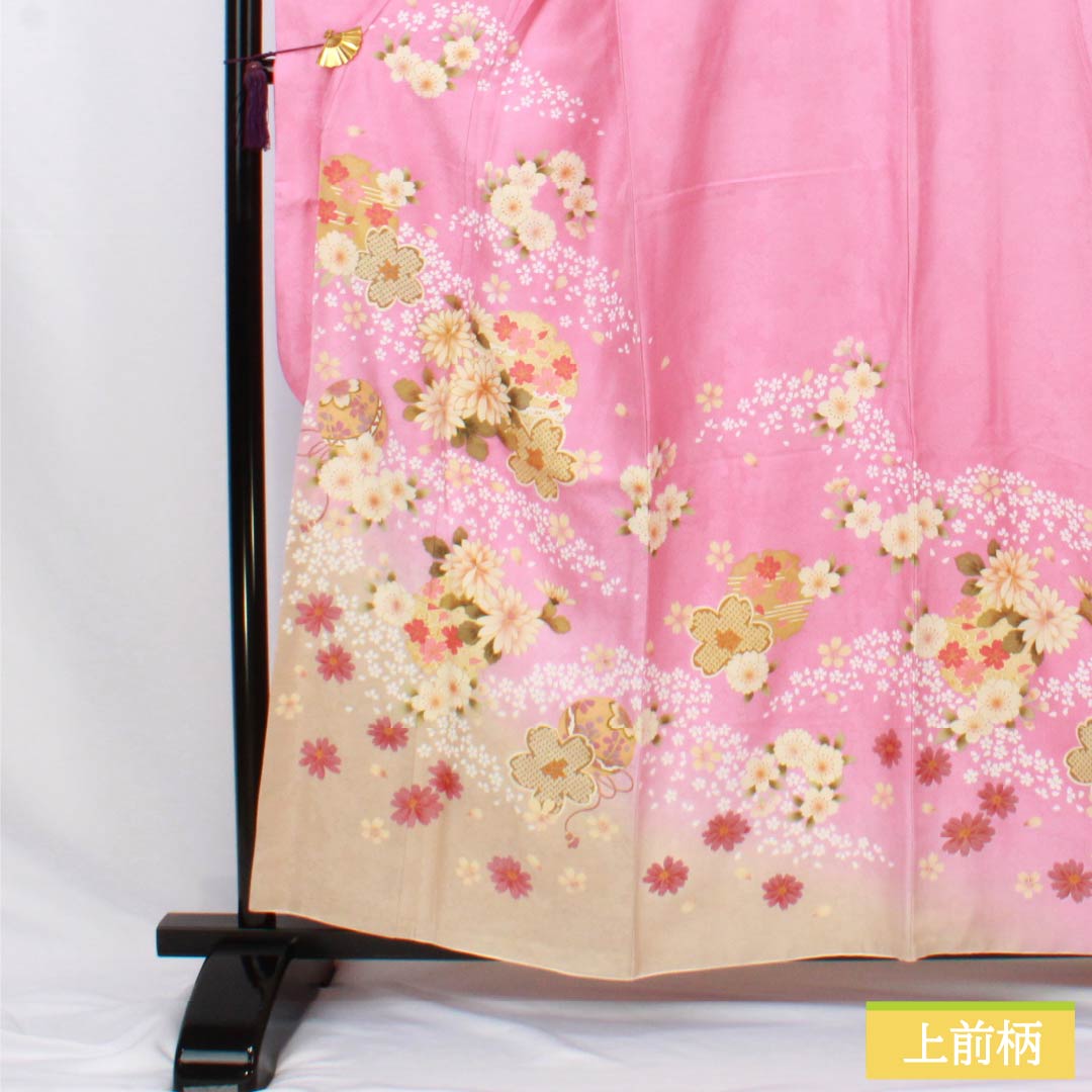 Silk Furisode, S Rank, Length 158cm, Sleeve-to-sleeve 63.5cm, Lined, Sekichiku (Pink), Kyo-Yuzen, Auspicious Patterns, Cherry Blossoms, Balls, Snowflakes, Pink tones, 1113002652313
