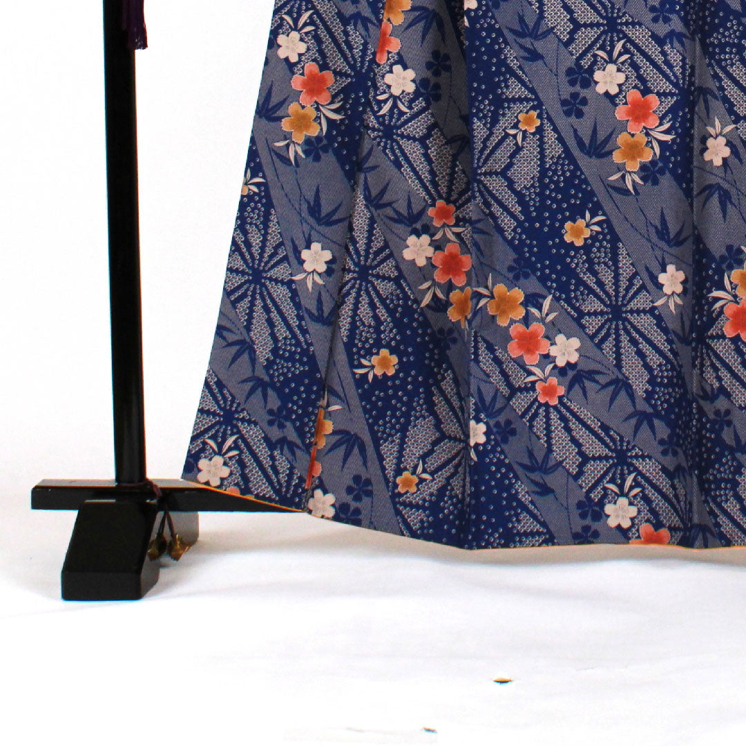 Small pattern, Length 163cm, Sleeve length 64cm, Awase, Cherry blossoms, Bamboo, Washable kimono, Polyester, S rank, Navy, 1115000782318