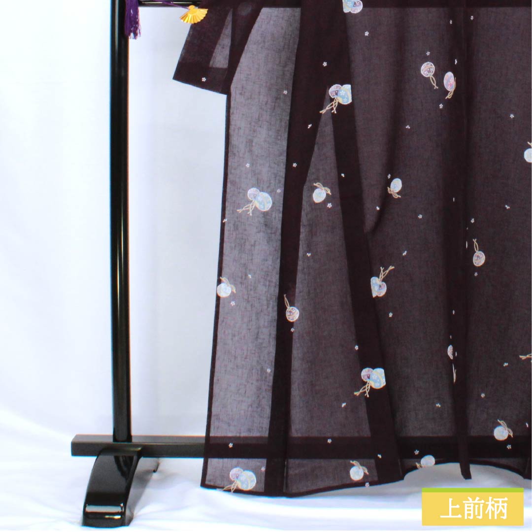 夏物 ポリエステル 小紋 身丈162cm 裄丈66cm 紫黒色（しこくしょく） 小花 鈴 洗える着物 紗 Sランク 紫系 1132002332420