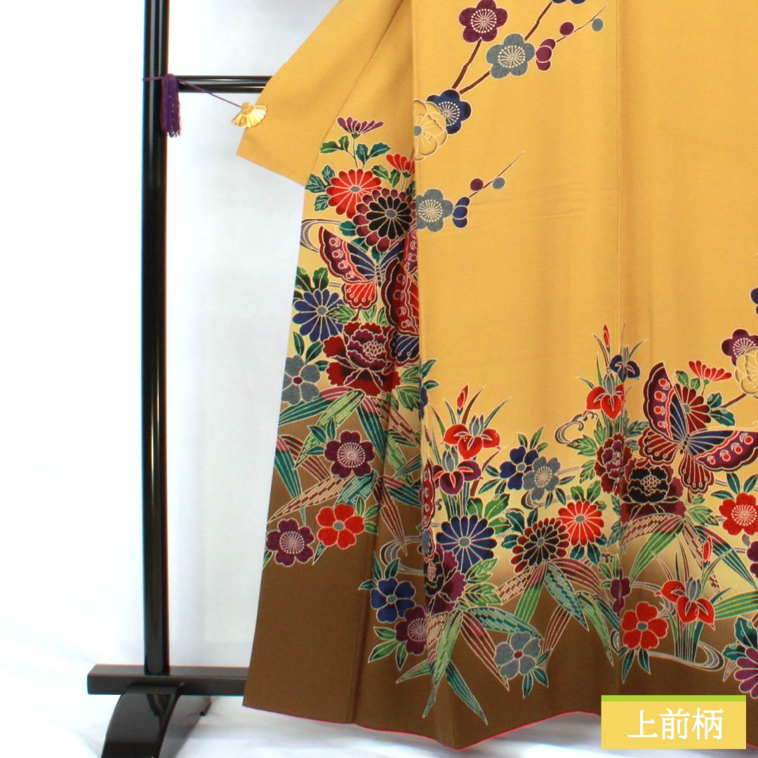訪問着 正絹 Aランク 袷 身丈161cm 裄丈66.5cm 枇杷茶色（びわちゃいろ） 京紅型 草花 黄系 1112006473423