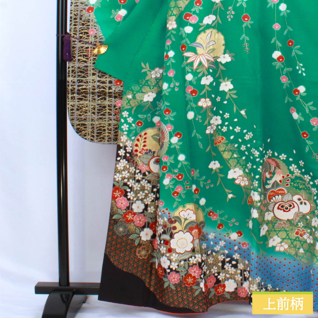 振袖 正絹 Aランク 身丈161cm 裄丈63.5cm 袷 真鴨色（まかもいろ） 吉祥文様 鳳凰 梅 桜 橘 緑系 1113002253419