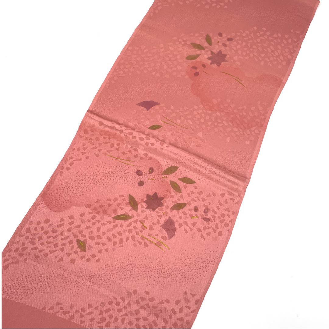 (New old stock) Formal obiage, pure silk, single layer plum color, cloud pattern, floral pattern, new old stock, length 168cm, width 29cm, S rank, pink, 1136000172913