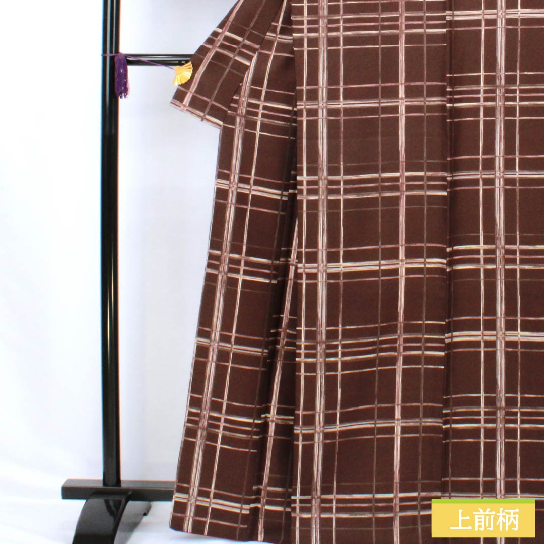 小紋 ポリエステル Sランク 身丈167.5cm 裄丈68cm 袷 焦色（こがれいろ） 格子 洗える着物   茶系 1115007522514