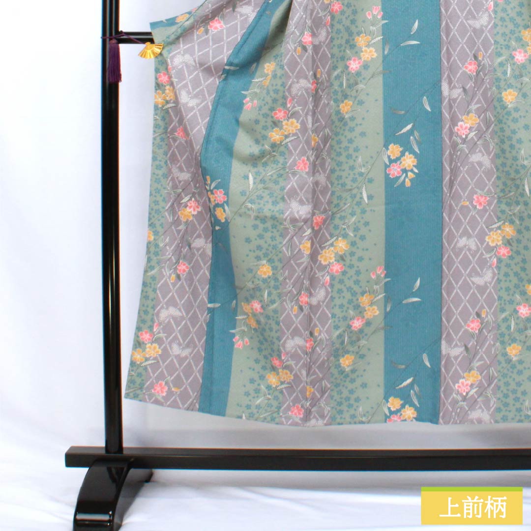 小紋 ポリエステル Sランク 身丈152cm 裄丈63.5cm 単衣 型染 草花 蝶 洗える着物 グラデーション系 1115007782299