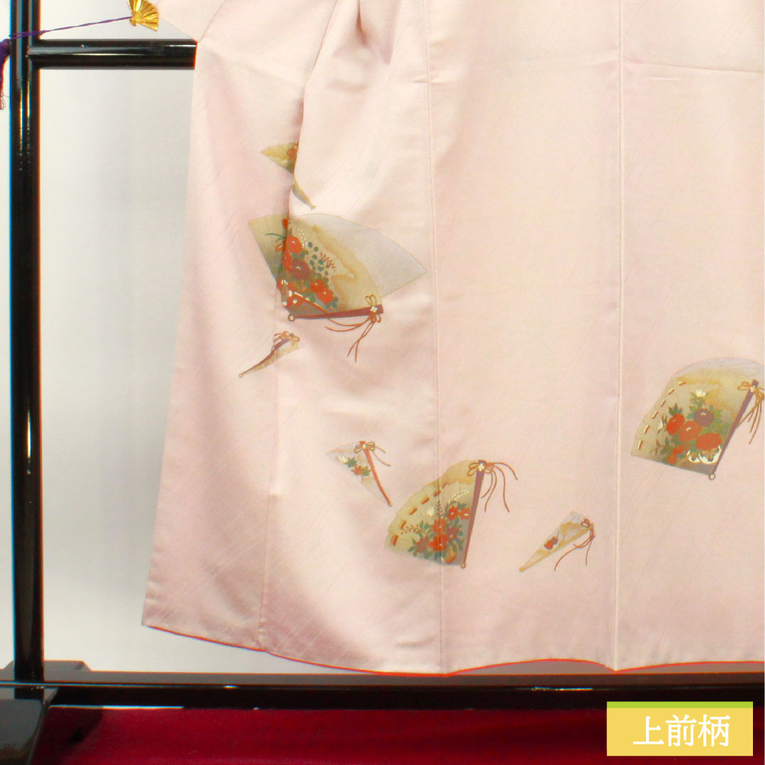 Homongi (formal kimono) made of polyester, lined, length 159cm, sleeve length 63cm, cherry blossom color, washable kimono, fan, half-collar included, S rank, pink, 1112004382313
