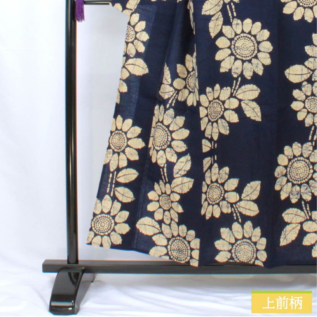 浴衣 木綿 身丈154cm 裄丈62.5cm Bランク 単衣 紺系 濃紺色（のうこんいろ） 向日葵 1118005844218