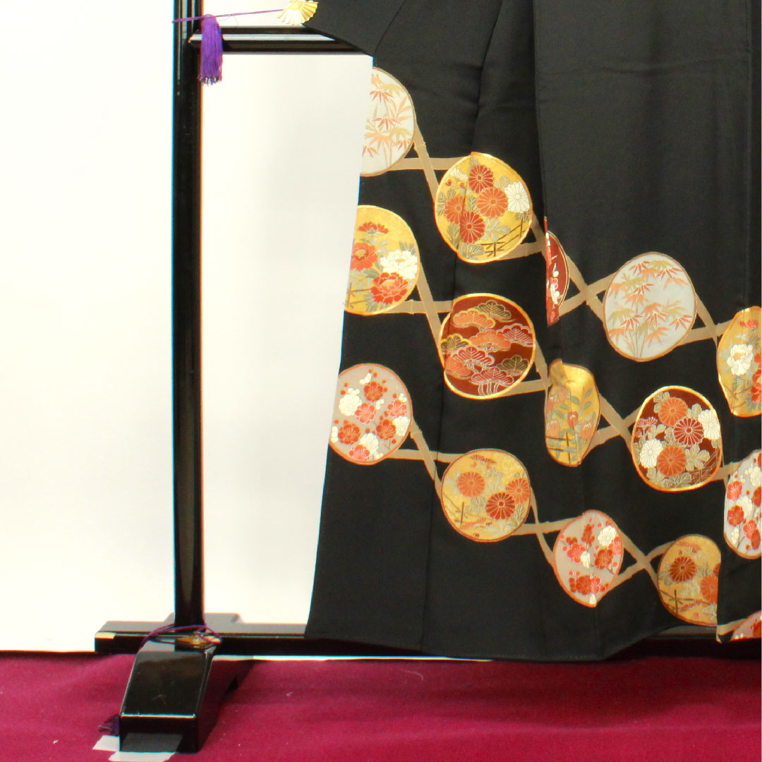 黒留袖 身丈156.5cm 裄丈61cm 袷 京友禅 松竹梅 木瓜 正絹 Sランク 五つ紋 黒系 1111000682310