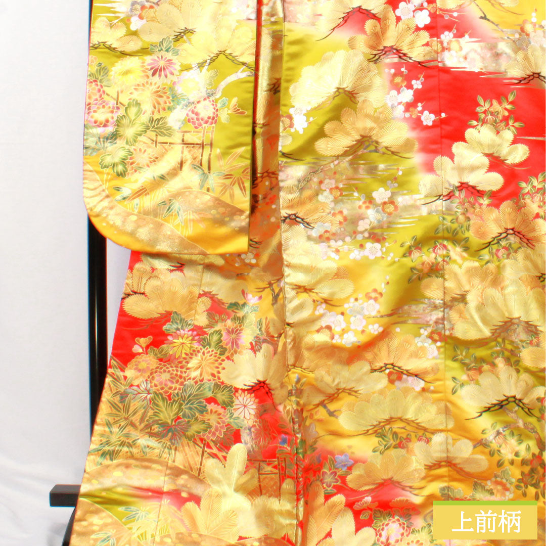 色打掛 正絹 Aランク 身丈185cm 裄丈66.5cm 金彩加工 松竹梅 菊 袷 赤系 1110000933912