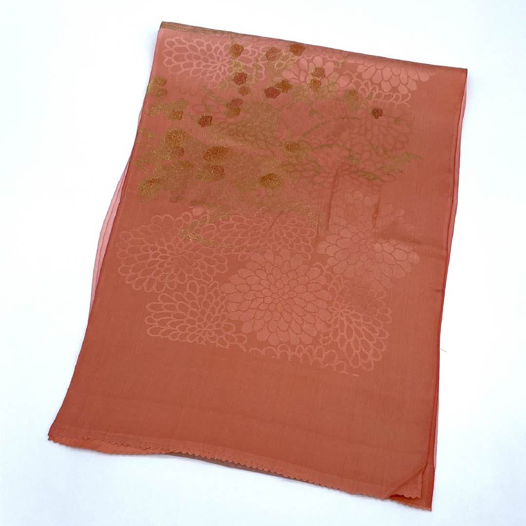 帯揚げ 正絹 Sランク セミフォーマル 珊瑚色（さんごいろ） 曙色（あけぼのいろ） 菊  長さ約171cm 幅約30cm ピンク系 1136002352913