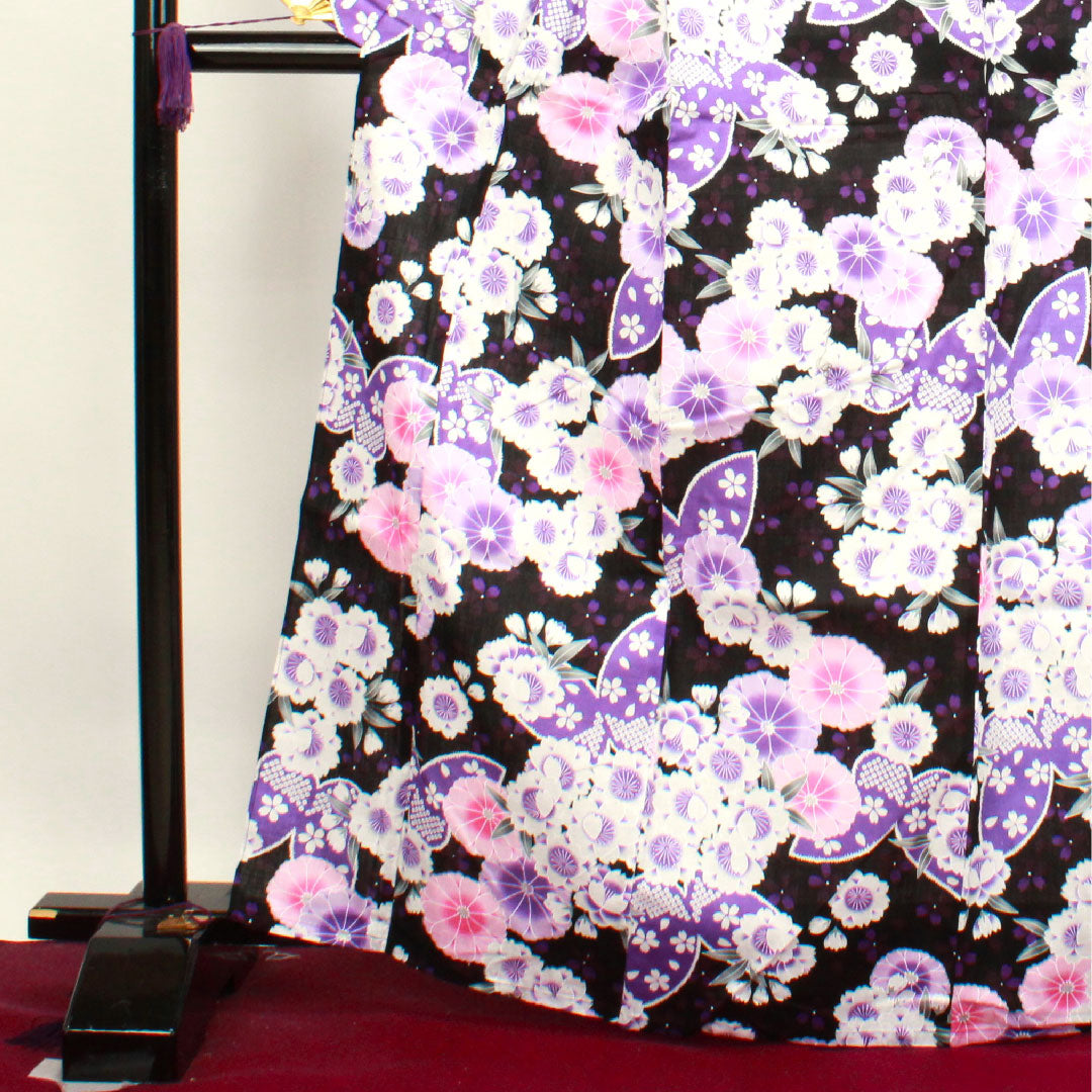 浴衣 蝶 桜 木綿 Sランク 単衣 身丈167cm 裄丈65cm 黒系 1118003712510