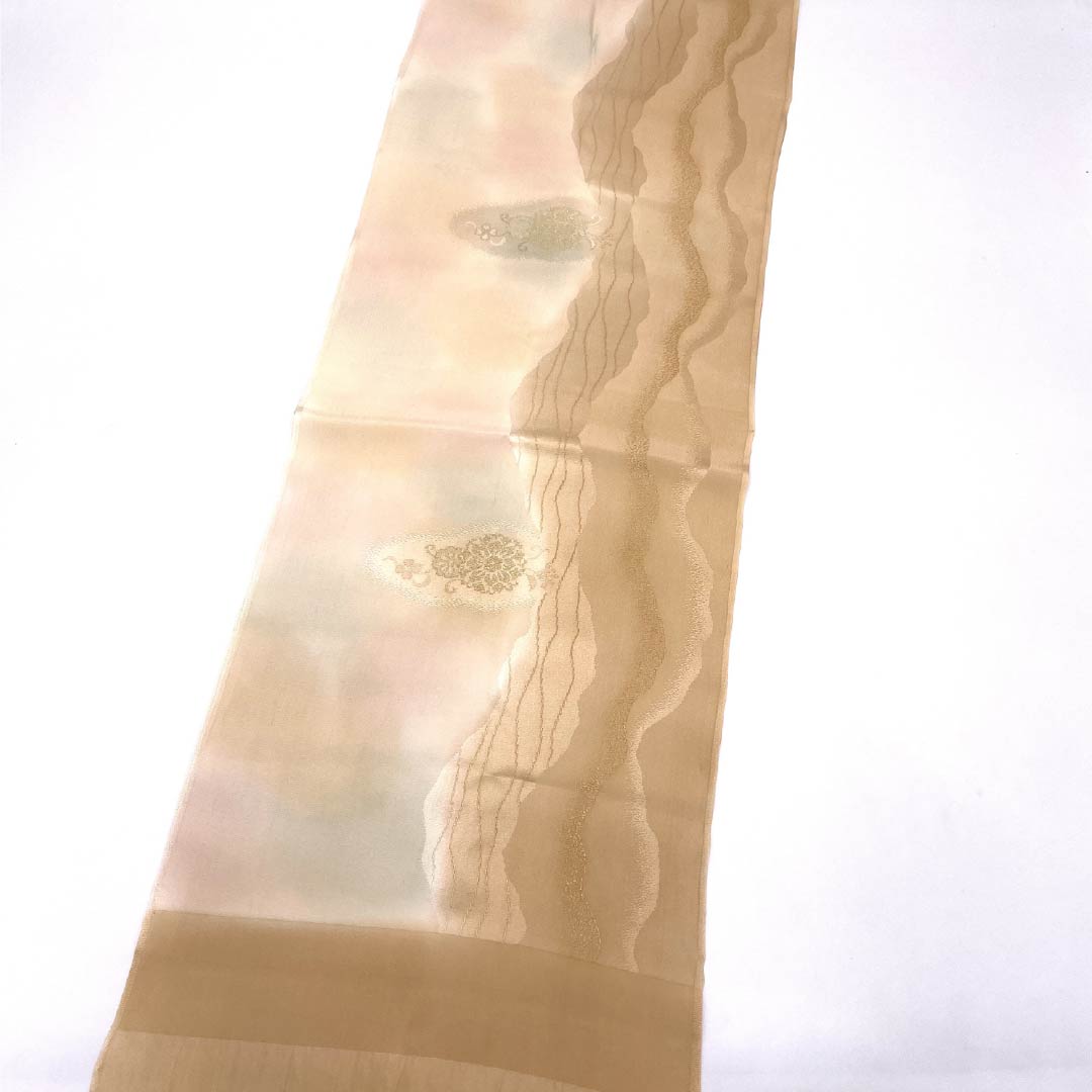 Obiage, pure silk, S rank, semi-formal, usugakiiro (pale persimmon color), blurred, vertical stripes, flowers, length approx. 179cm, width approx. 30cm, orange family, 1136004222926