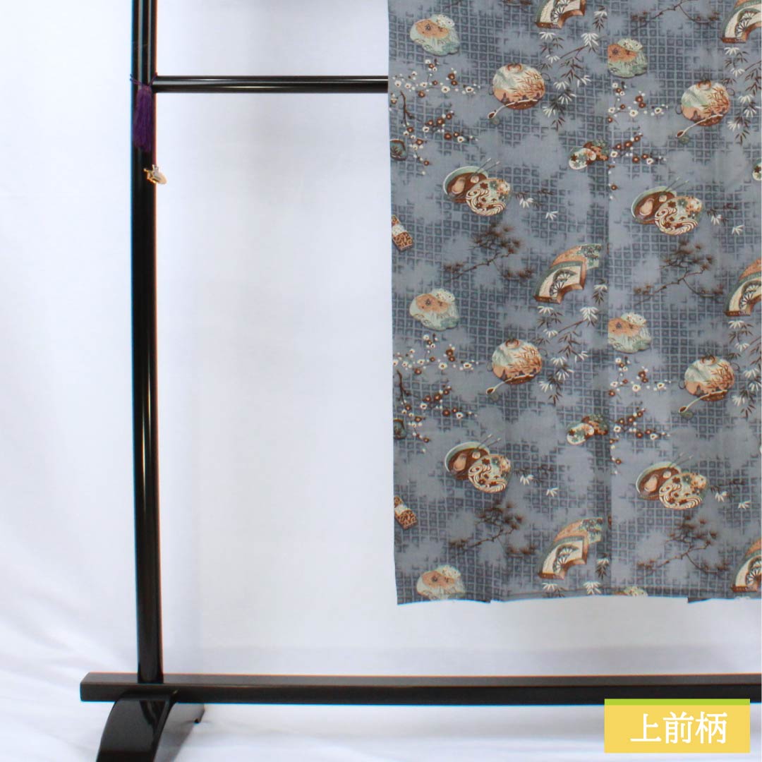 Men's wool nagajuban (long under-kimono), S-rank, length 140cm, sleeve length 62cm, gray-blue color, featuring auspicious motifs of pine, bamboo, and plum blossoms on a fan, gray-based, single-layer, 1140000732422