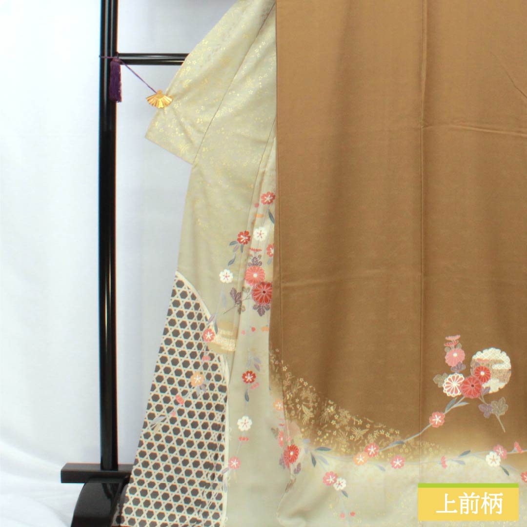 訪問着 正絹 Sランク 袷 身丈169cm 裄丈68cm 糞色（ばばいろ） 京友禅 竹垣 花 橙系 1112006492526