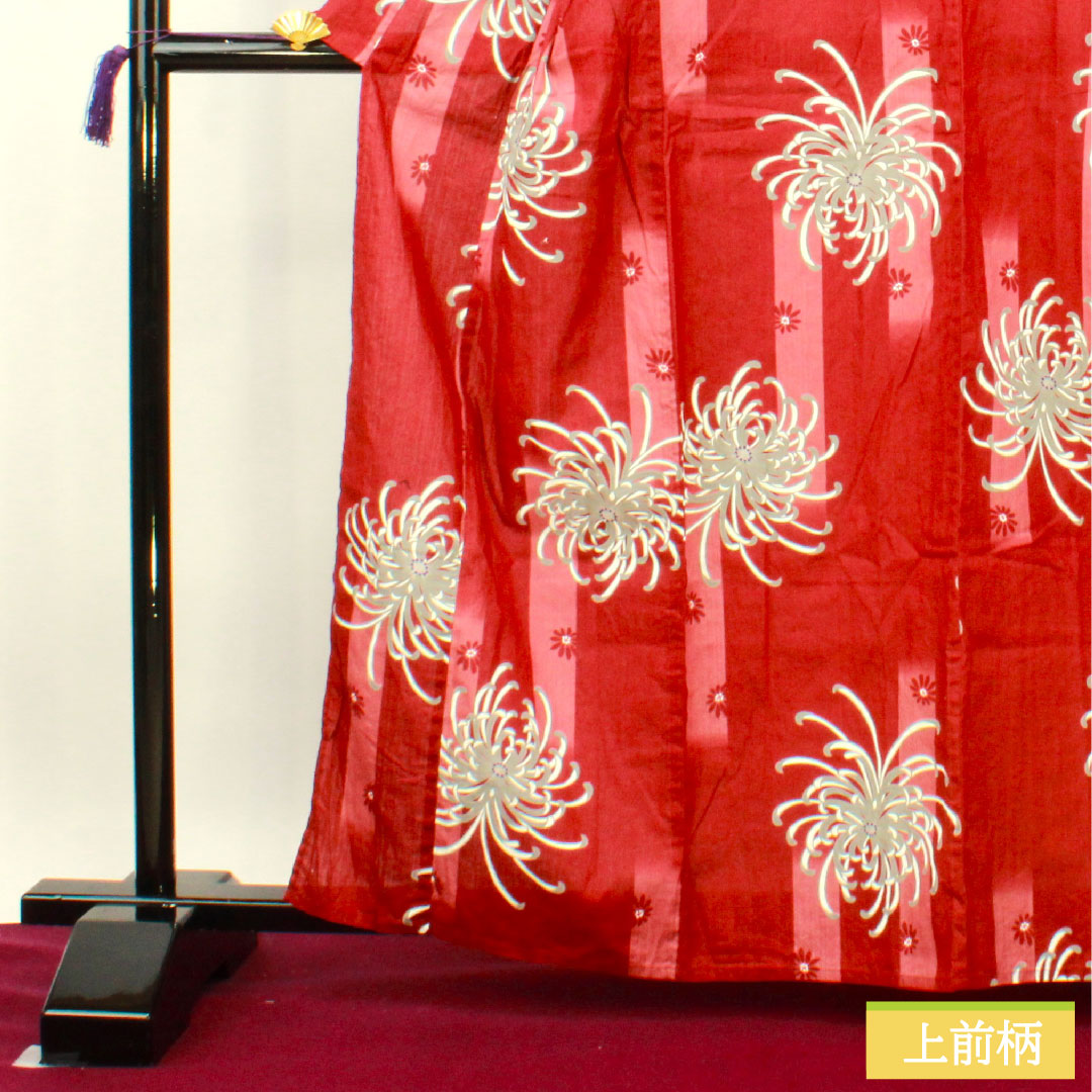 浴衣 木綿 身丈163.5cm 裄丈69.5cm Sランク 単衣 赤系 真紅色（しんくいろ） 菊 1118005132412