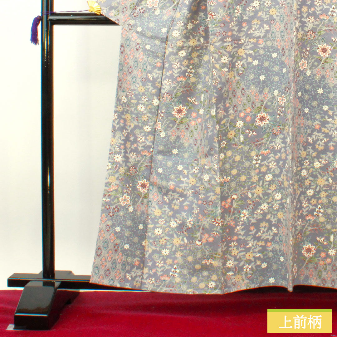 Komon, pure silk, length 159.5cm, sleeve length 62.5cm, lined, tsuruba nezumiiro (crane gray), pongee fabric, floral pattern, basting thread included, unused, S rank, purple, 1115004262320