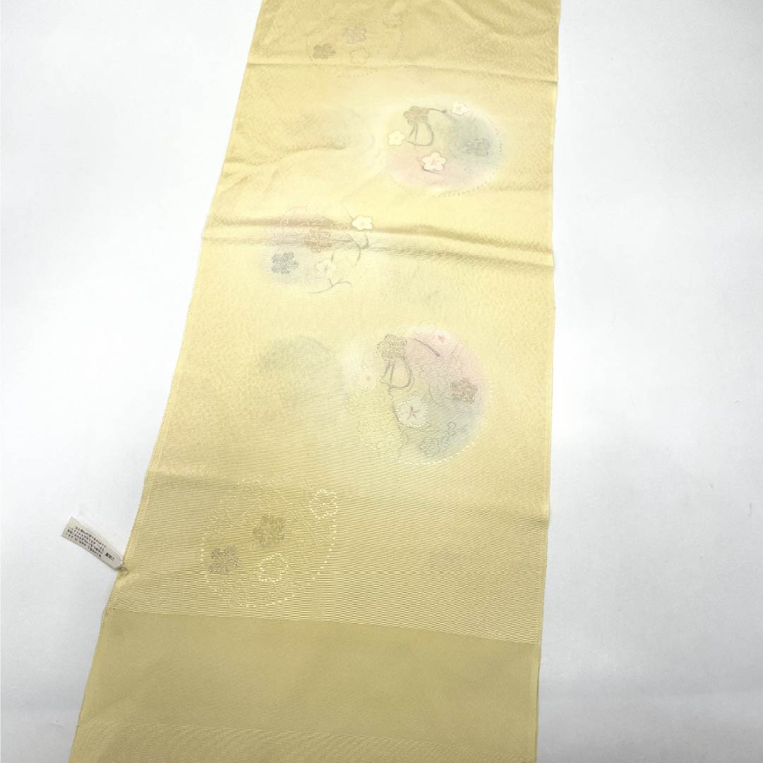 帯揚げ 正絹 Sランク セミフォーマル 薄卵色（うすたまごいろ） 花丸文 梅 長さ約178cm 幅約31cm 黄系 1136002732923