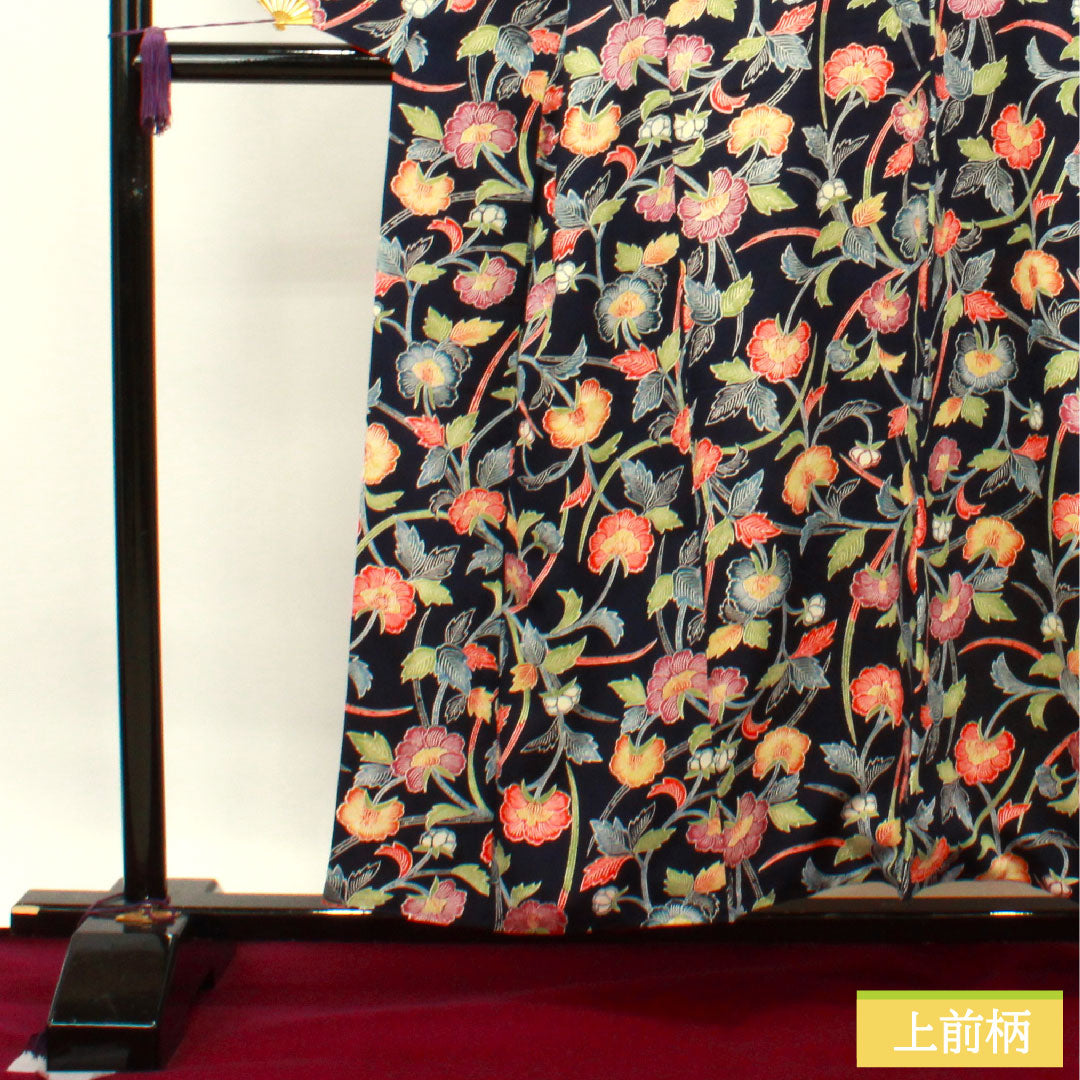 小紋 正絹 身丈155cm 裄丈62.5cm 袷  紺桔梗色 京紅型 草花模様  Bランク 紺系 1115003784318