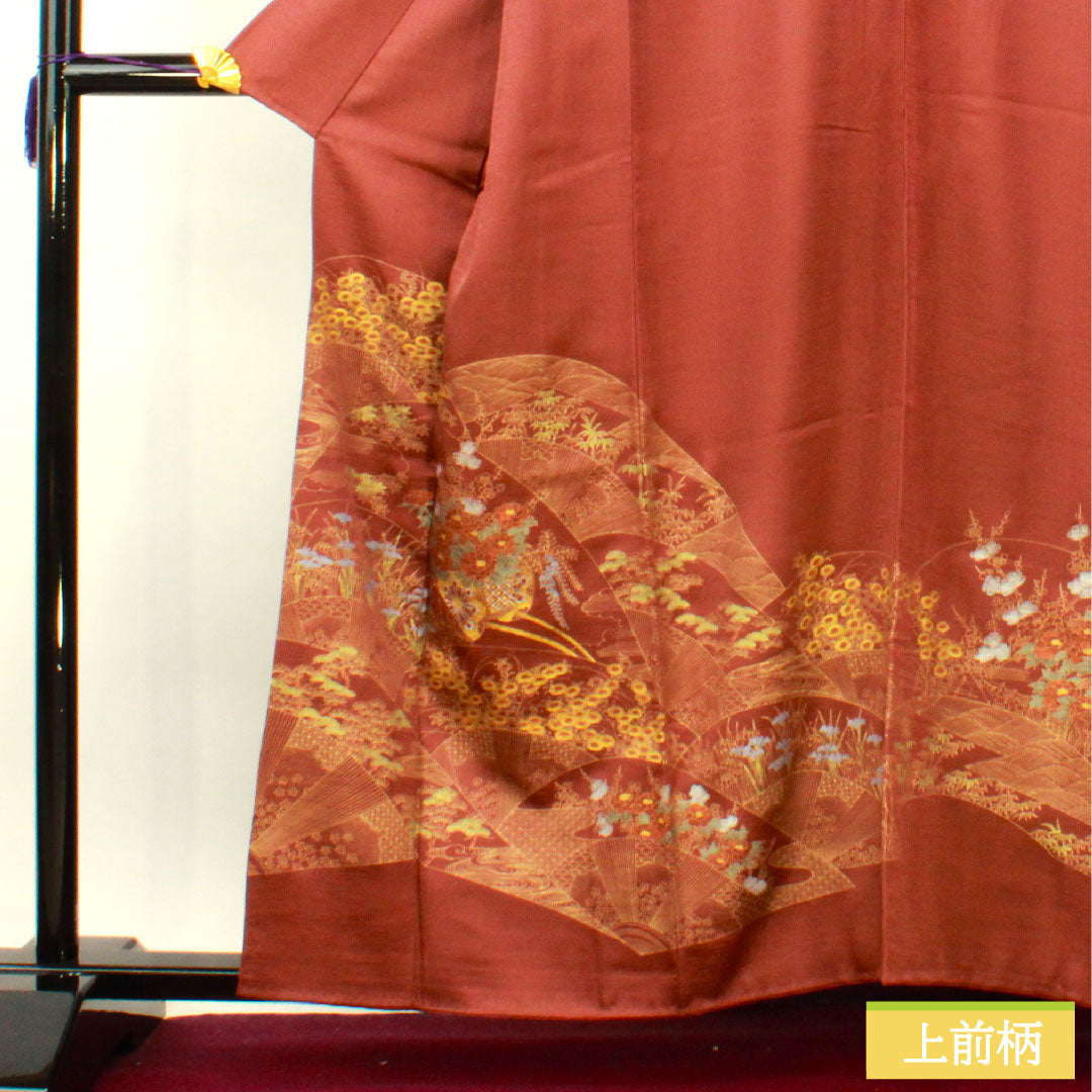 訪問着 正絹 袷 身丈161cm 裄丈63cm 小豆色（あずきいろ） 京友禅 花車 吉祥文様 Sランク 赤系 1112004302412