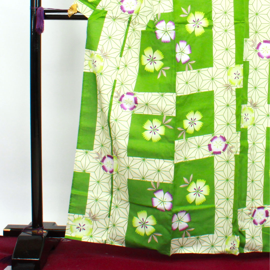 浴衣 常盤色 撫子 麻の葉 木綿 Sランク 単衣 身丈165.5cm 裄丈66cm 緑系 1118002722519