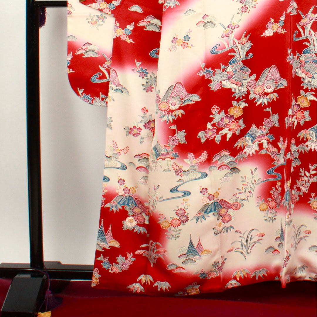 振袖 身丈161.5cm 裄丈64cm 袷  葡萄茶色 薄桜色 型染 茶屋辻 松竹梅  正絹 Aランク 赤系 1113000913412