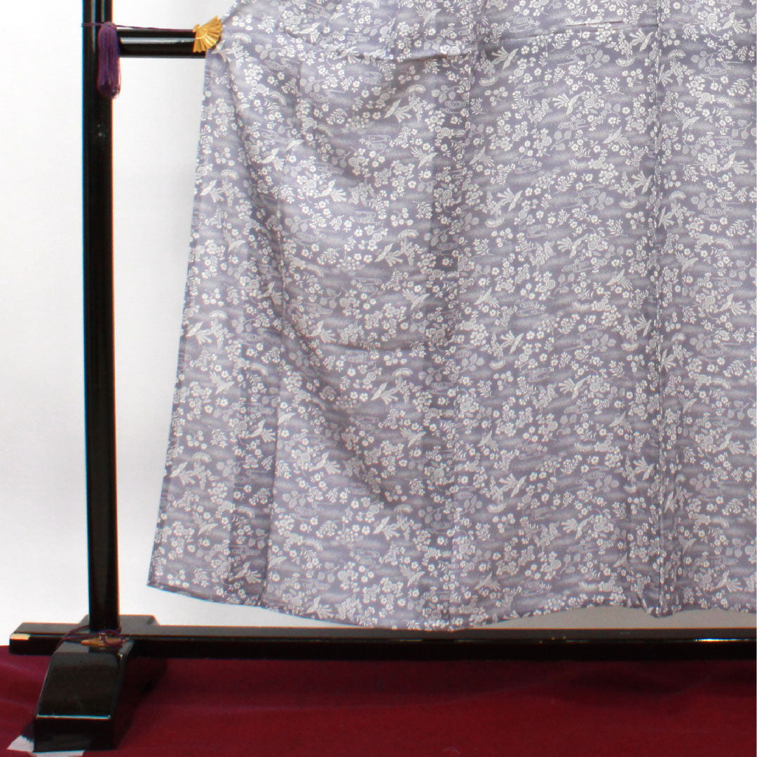 夏物 正絹 小紋 身丈155.5cm 裄丈64cm 相思鼠色（そうしねずいろ） 吉祥文様 鳳凰 菊 絽 Sランク グレー系 1132001832322