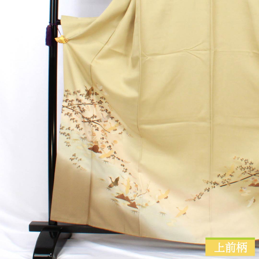 訪問着 正絹 Bランク 袷 身丈165.5cm 裄丈67cm 淡黄蘗色（うすきはだいろ） 金彩 流水 鶴 黄系 1112006904523