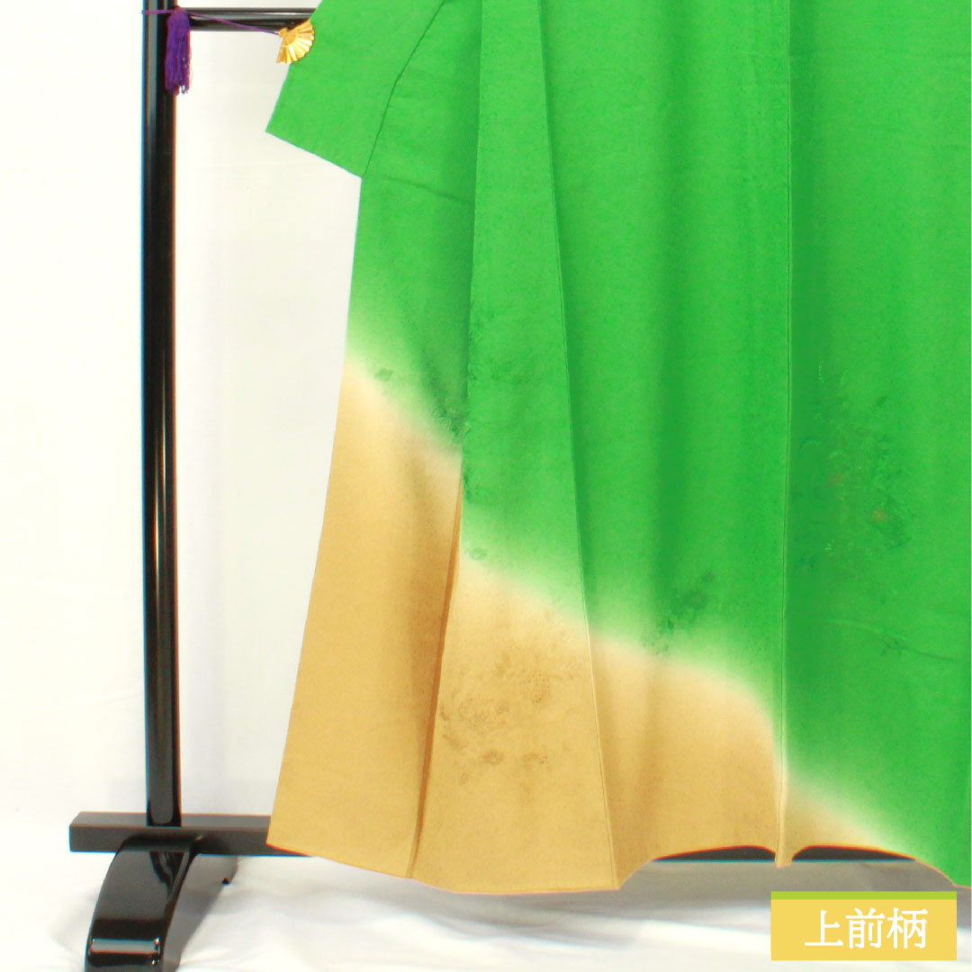 訪問着 正絹 袷 身丈157.5cm 裄丈62.5cm 草緑色（くさみどりいろ） 汕頭刺繡 草花模様 スコッチガード Sランク 緑系 1112004992319