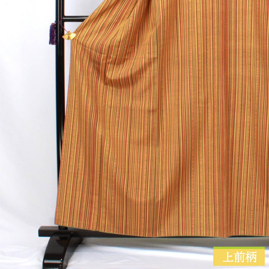 紬 正絹 Sランク 身丈162cm 裄丈66cm 楊梅色（やまももいろ） 型染 縞 袷 橙系 1116004492426