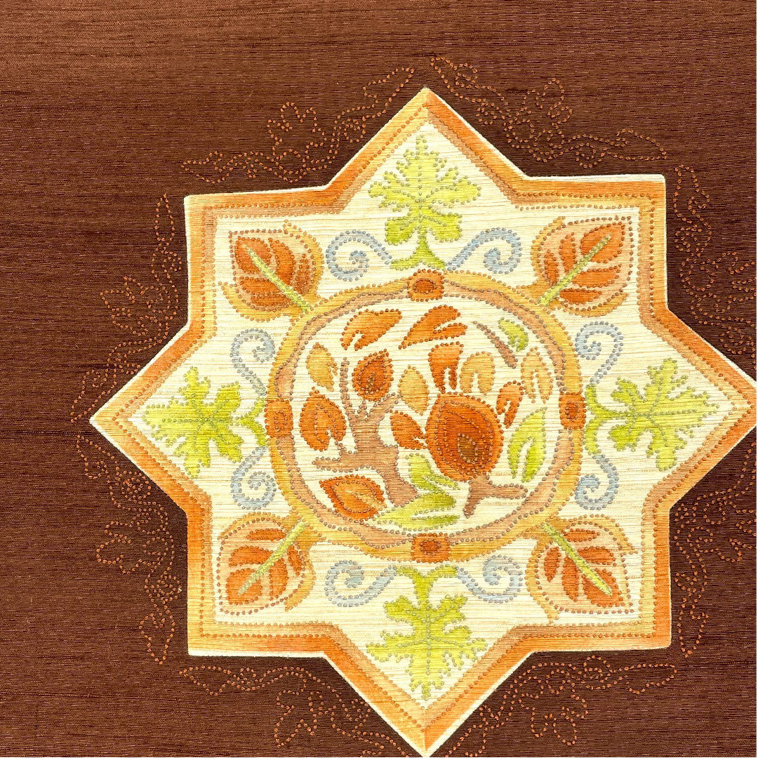 名古屋帯 相良刺繍 抽象華模様 帯丈357cm 正絹 Sランク ポイント柄 カジュアル 茶系 1124001412314  名古屋仕立て