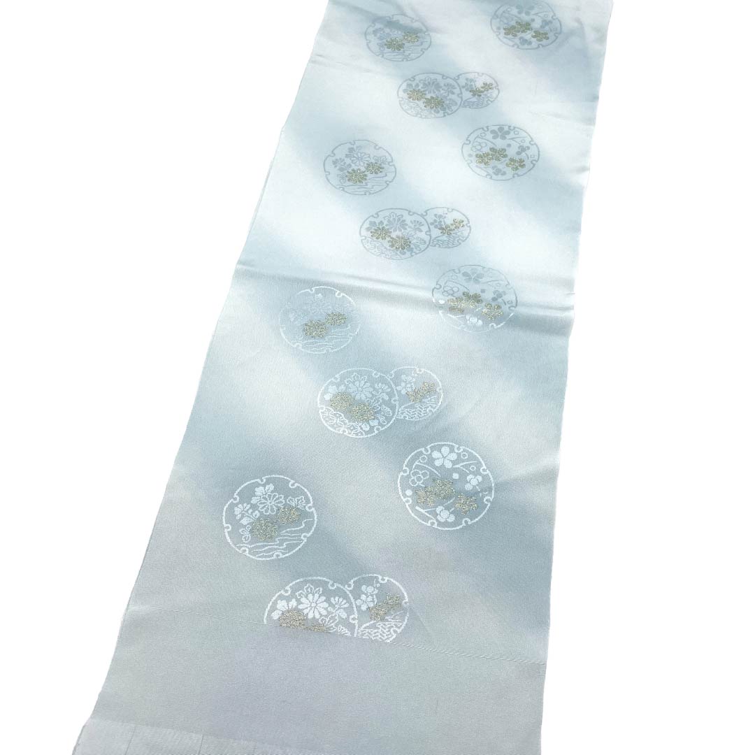 帯揚げ 正絹 Sランク セミフォーマル 青白磁色（せいはくじいろ） ぼかし 雪輪 花 長さ約180cm 幅約30cm 水色系 1136004812924
