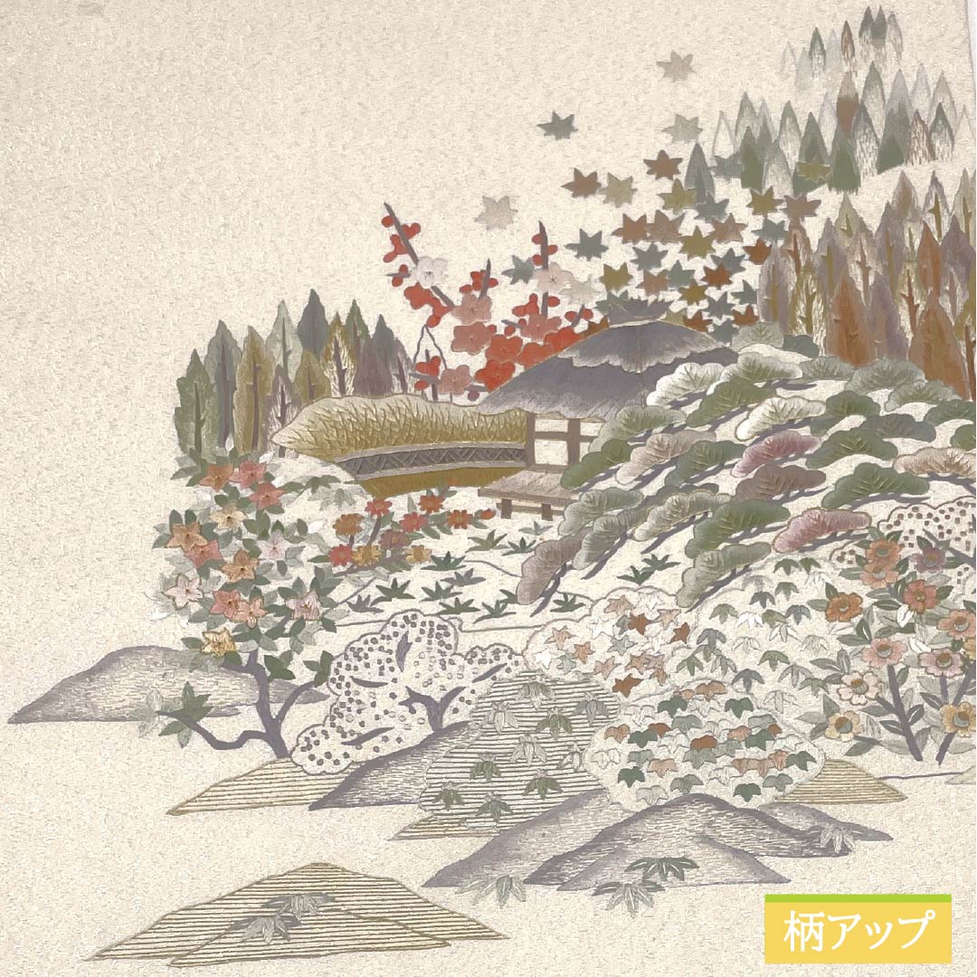 袋帯 正絹 Aランク 生成り色（きなりいろ） 蘇州刺繡 綴れ地 風景模様 銀糸 帯丈468cm ポイント柄 セミフォーマル 白系 1123017533411