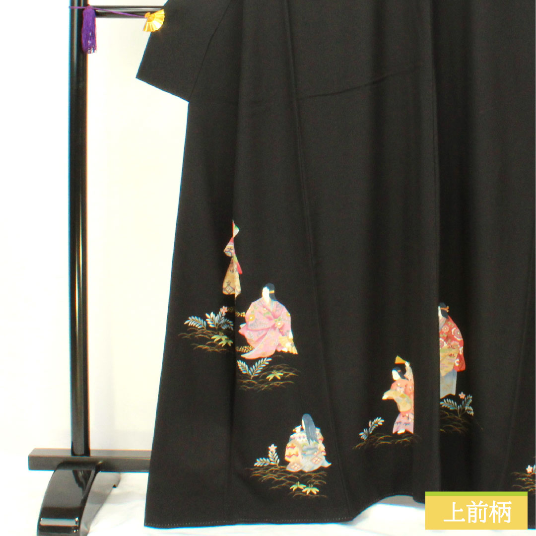 Black formal kimono, pure silk, length 164cm, sleeve length 69cm, lined, by artist, Kyoto yuzen, period figure, five crests, five-three paulownia, A rank, black, 1111001463410