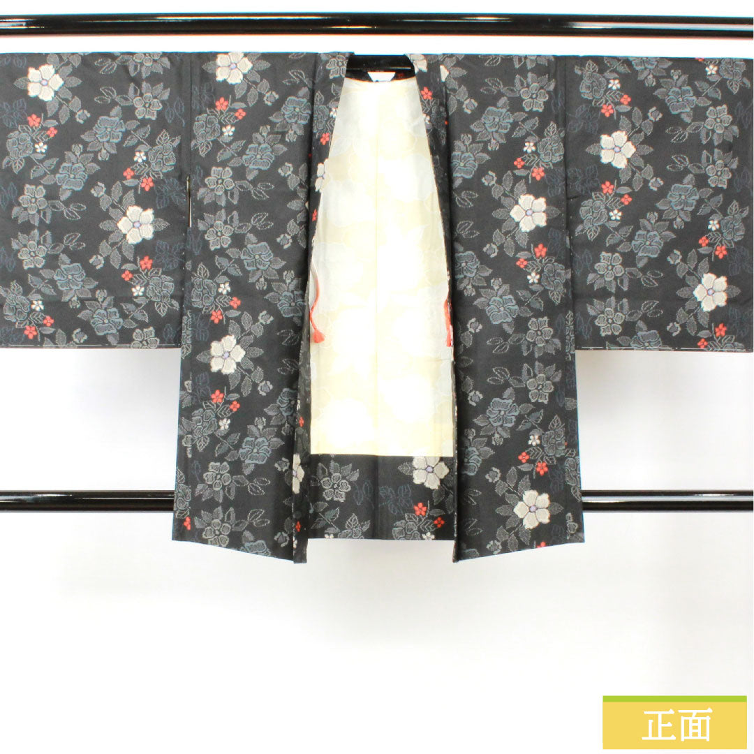羽織 正絹 身丈83cm 裄丈65.5cm 村山大島 草花模様 しつけ糸付き 未使用品 Sランク 袷 黒系 1117001142910